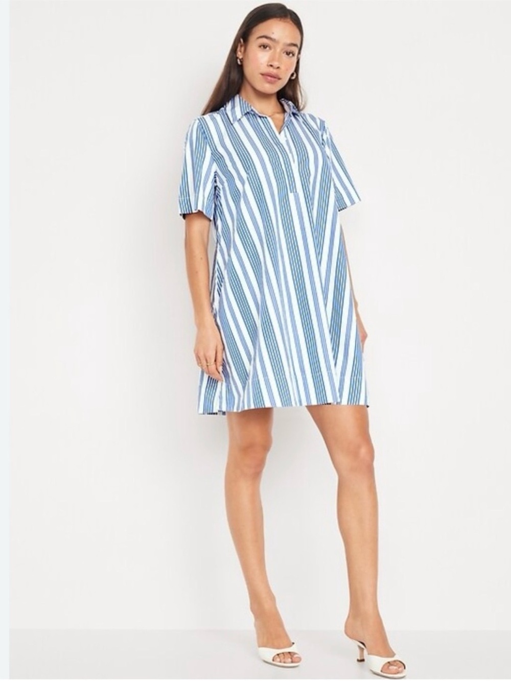 Old Navy Blue/White Striped Short-Sleeve Button-Down Swing Shirt Dress Size XL